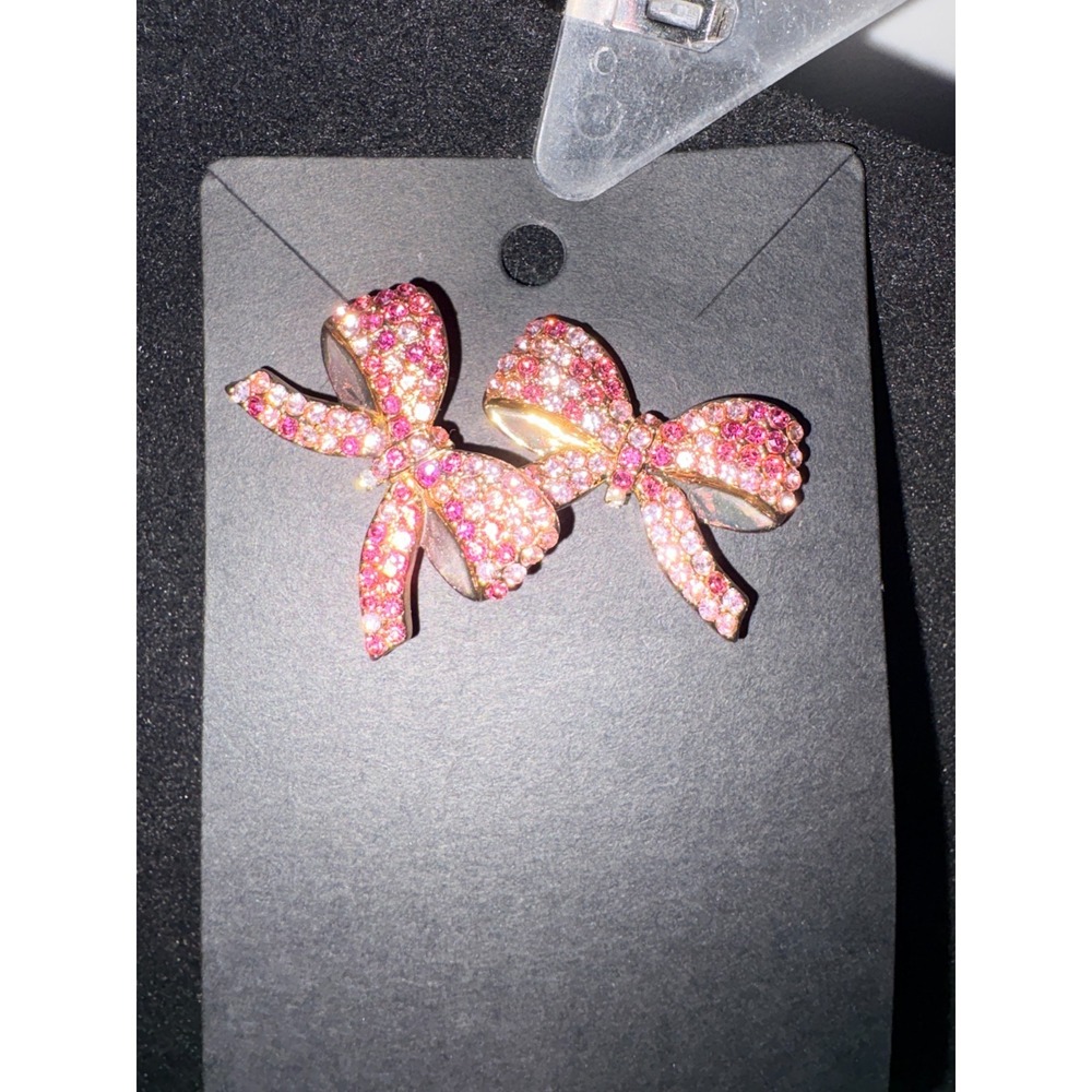 Pink and Clear Rhinestone Bow‎ Pierced Earrings - NWOT